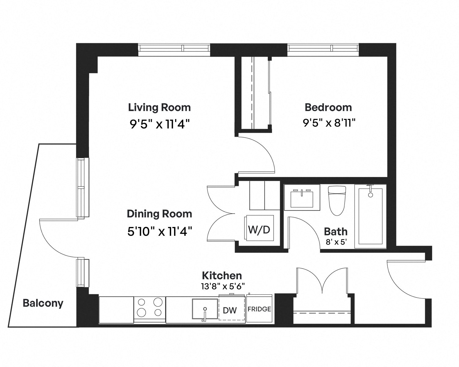 Floor plan for 1 bed, 1 bath, 578 sqft